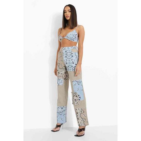 Boohoo Jackets & Blazers - New Boohoo Women's Patchwork Boho Bandana Khaki Denim Pants